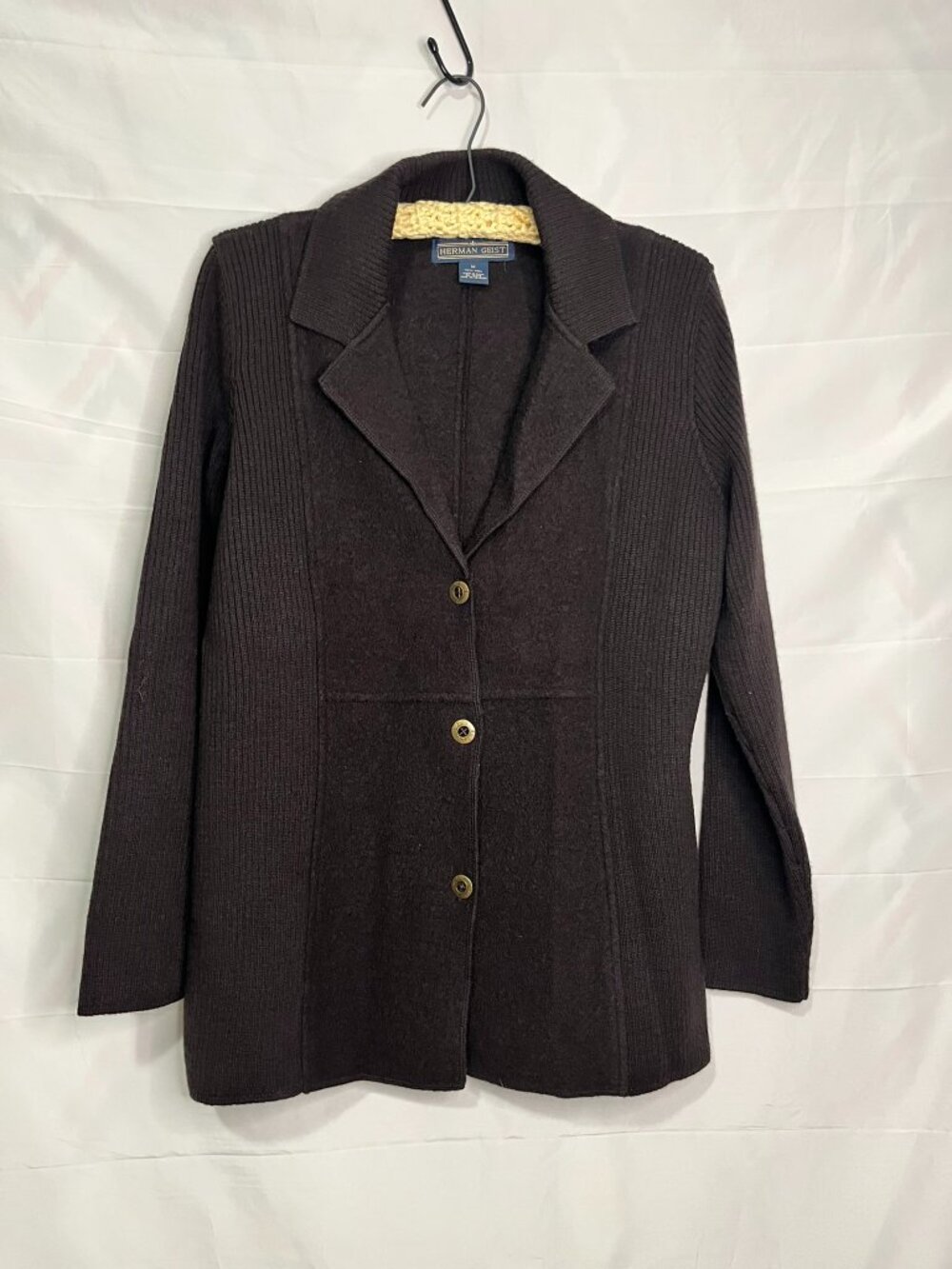 Herman Geist 100% Wool Cardigan Sweater Womens M Charcoal Grey 3-Button Jacket